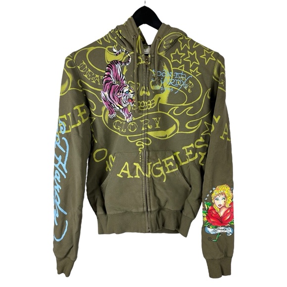 Ed Hardy Tops - Vintage Y2K Women’s Ed Hardy All Over Print Streetwear Full Zip Hoodie Size S